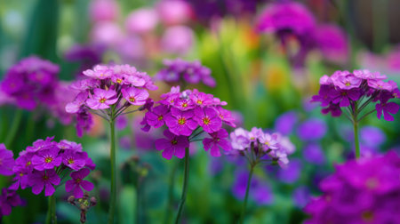Beautiful clusters of purple flowers are blooming in a lush garden filled with colorful plants. The scene captures the essence of spring with bright colors and sunny weather.の素材