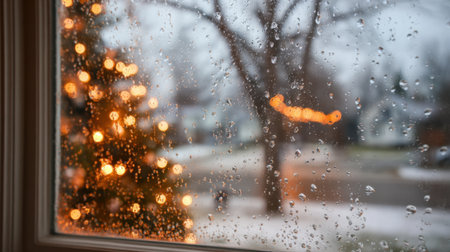 A window shows raindrops collecting on the glass while a festive Christmas tree with glowing lights stands nearby. The scene is cozy and captures a winter atmosphere.の素材