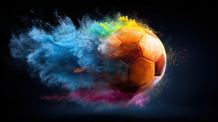 A soccer ball is surrounded by colorful splashes of powder creating a lively and energetic scene. The explosion of color highlights the excitement of playing the sport.の素材