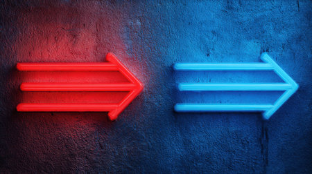 Red and blue neon arrows shine brightly against a textured wall creating an eye-catching display in a vibrant urban setting at night. The contrast enhances the artistic atmosphere.の素材