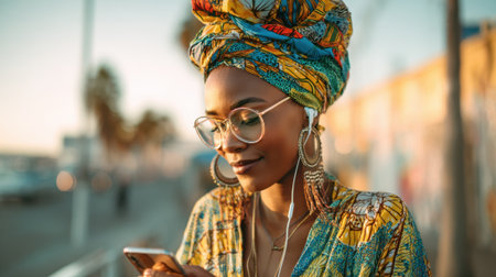 A woman stands outside in a vibrant outfit and headwrap focused on her phone while listening to music. The sun is shining creating a warm atmosphere.の素材