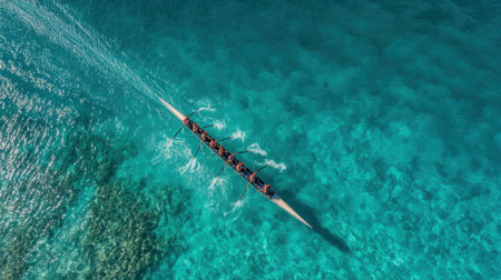 A team of rowers skillfully navigates their boat through bright turquoise water under clear skies. Coral reefs can be seen below adding to the vibrant scenery.の素材