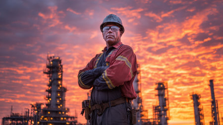 A worker in protective gear poses with confidence in an industrial area. The sunset creates a dramatic sky with vivid colors behind the silhouette of refineries.の素材
