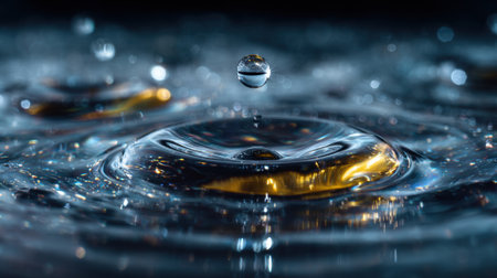 Water droplets fall onto a smooth surface creating concentric ripples and capturing reflections of light. This peaceful scene evokes a sense of tranquility and natural beauty.の素材