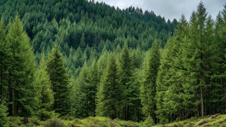 Tall vibrant green pine trees fill the landscape creating a serene atmosphere. The mountains loom in the background under a partly cloudy sky showcasing natures beauty.の素材
