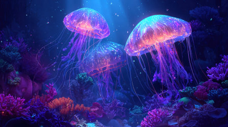 Three glowing jellyfish float elegantly in the deep blue sea surrounded by colorful coral reefs. Tiny bubbles rise as they illuminate the dark water with their gentle light.の素材
