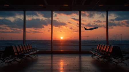 Passengers wait in the terminal as a plane takes off against the backdrop of a vibrant sunset. The airport is calm with soft light illuminating the waiting area.の素材