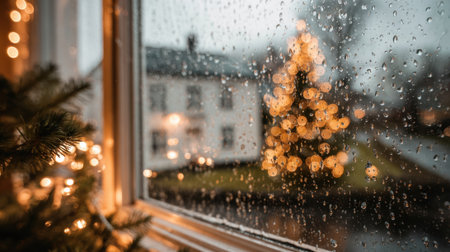 Raindrops cling to the window blurring the view of a beautifully lit Christmas tree outside. Soft warm lights create a cozy atmosphere in the evening.の素材