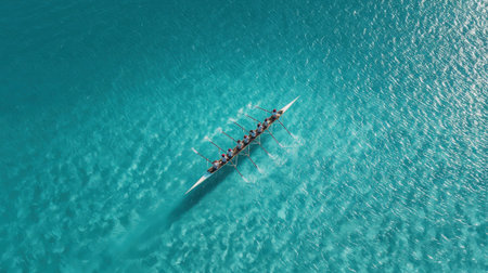 Six rowers paddle their boat across stunning turquoise waters under bright sunshine. The scene captures the beauty of nature and the harmony of teamwork during the sport.の素材