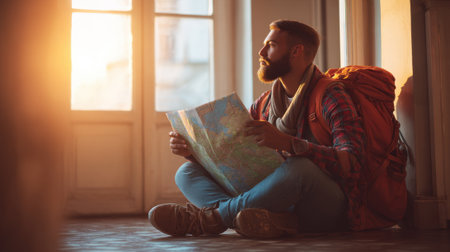 A traveler with a backpack sits cross-legged on the floor examining a map in the warm glow of sunlight. The cozy room has large windows and a relaxed atmosphere.の素材