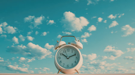 A vintage alarm clock rests on a surface set against a beautiful sky filled with white clouds and bright blue hues. The scene radiates tranquility and the passage of time.の素材