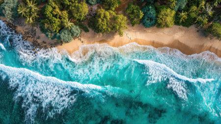 A beautiful beach with gentle waves crashing onto soft sand surrounded by lush green trees under a clear blue sky. It shows a peaceful tropical setting.の素材