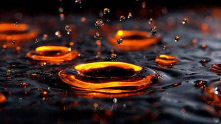 Small orange droplets create ripples in a dark surface splashing around as they fall. The scene captures the beauty of liquid motions at twilight showcasing fascinating patterns.の素材