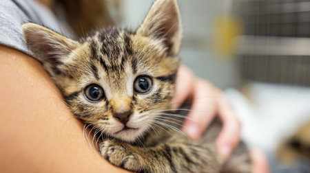A small tabby kitten with big blue eyes is cradled gently in the arms of a person at an animal shelter. The environment is bright and welcoming showing care for animals.の素材