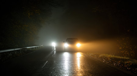 Two vehicles drive on a winding road surrounded by thick fog on a chilly autumn night. The headlights illuminate the wet pavement and nearby trees creating a mysterious atmosphere.の素材