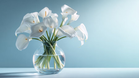 A beautiful arrangement of white calla lilies sits in a clear glass vase. The soft blue background enhances the fresh and serene atmosphere creating a peaceful scene.の素材