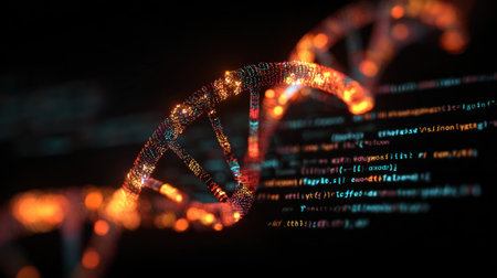 A digital representation showcases a DNA helix made of glowing particles intertwined with lines of code creating a connection between genetics and technology in a dark background.の素材