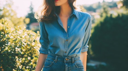 A woman stands confidently outside wearing a denim shirt and high-waisted jeans. The golden hour sunlight enhances the vibrant colors of the foliage around her creating a warm atmosphere.の素材