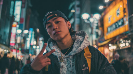 A young man stands confidently in a lively city street at night flashing a peace sign while surrounded by colorful lights and a crowd of people.の素材