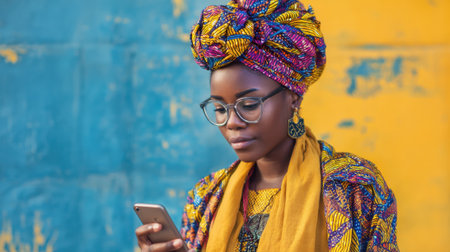 A woman dressed in vibrant traditional attire is engaged with her smartphone while standing in front of a striking blue and yellow wall. Her headwrap adds elegance to her look.の素材