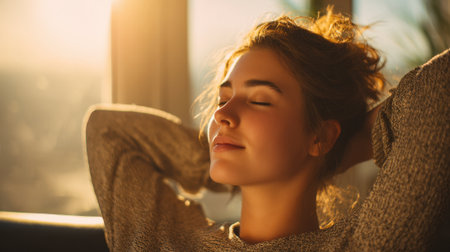 A young woman sits comfortably on a couch basking in warm light from a sunset. She has her eyes closed and a serene expression enjoying a quiet moment of reflection.の素材