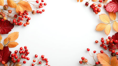 Vibrant autumn leaves in shades of red orange and yellow frame a bright white background mixed with clusters of red berries perfect for seasonal decoration.の素材