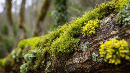 Bright green moss and colorful lichen blanket a fallen tree trunk capturing the essence of a flourishing forest in springtime.の素材