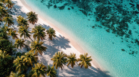 The scene captures a stunning coastline with bright turquoise water and a soft sandy beach adorned with palm trees. Sunlight enhances the vibrant colors of the tropical landscape.の素材