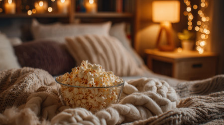 A cozy setting features a bowl of popcorn placed on a bed covered with soft blankets. Warm lights create a relaxing atmosphere, perfect for a movie night.の素材