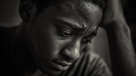 A young person appears lost in thought, with a hand on their forehead. The room is dimly lit, creating a somber atmosphere that reflects their emotional state.の素材