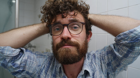 A man with curly hair and glasses relaxes in a bathroom, holding his head as he reflects on his day. The tiled walls add to the intimate and casual atmosphere of the space.の素材