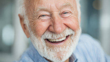 An elderly man with a white beard and bright smile enjoys a cheerful moment indoors, surrounded by a warm atmosphere and friendly faces during a casual gathering.の素材