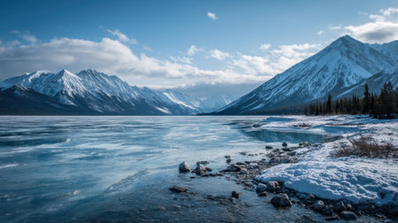 Snow-covered mountains surround a frozen lake, capturing a serene winter scene. Gentle clouds drift in the bright sky, reflecting tranquility in nature during daytime.の素材