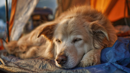 A fluffy golden retriever lies comfortably on a sleeping bag inside a cozy tent. The warm sunset light creates a tranquil atmosphere, perfect for camping.の素材
