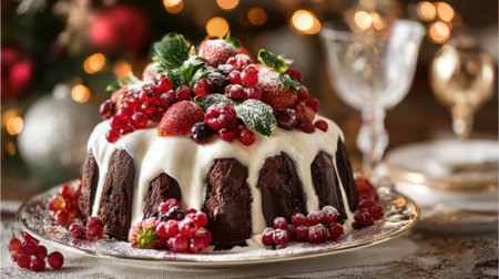 A chocolate dessert topped with cream, strawberries, and red berries sits elegantly on a festive table. Warm lights and decorations create a cozy holiday atmosphere.の素材
