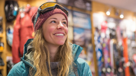 A woman with long hair smiles as she examines ski equipment in a cozy sports shop. The shop is filled with colorful gear and winter apparel, creating a festive atmosphere.の素材