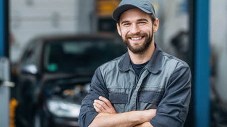A young mechanic stands confidently in a well-lit workshop, arms crossed and smiling. Tools and vehicles are visible in the background, indicating a busy work environment.の素材