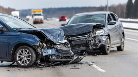 Two cars collide on a highway, showing significant damage. Debris is scattered on the road under cloudy skies. Nearby traffic is slowed due to the accident, causing delays.の素材