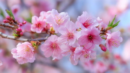 Pink cherry blossom flowers bloom against a soft blue background signaling the arrival of springtime.の素材