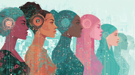 A group of diverse women stand together embracing technology and empowerment in a colorful urban setting.の素材