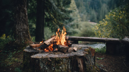 Flames dance over logs in a peaceful forest creating a warm glow as dusk settles in.の素材