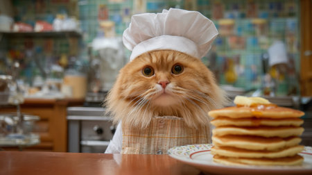 A fluffy cat wears a chef hat while proudly standing by a stack of golden pancakes in a cozy kitchen.の素材