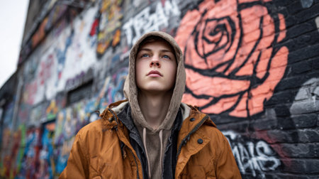 A boy stands in front of vibrant graffiti lost in thought under an overcast sky.の素材