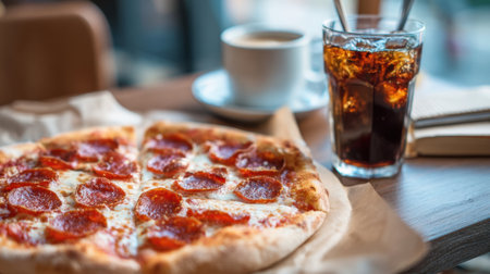 Savoring a tasty pepperoni pizza alongside a refreshing drink in a warm cafe.の素材