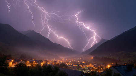 Bright lightning strikes over a small village creating an electric atmosphere in the dark sky.の素材