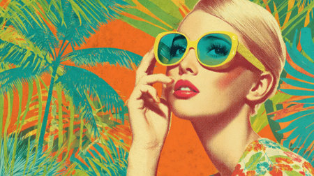 A woman poses confidently in bright sunglasses surrounded by lush tropical plants and vibrant colors.の素材