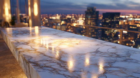 Golden lights reflect on a polished marble surface while the vibrant city skyline glows at night.の素材