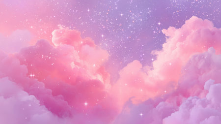 Soft pink and purple clouds blend harmoniously under a sparkling night sky filled with stars.の素材
