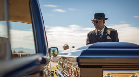 A somber moment unfolds as a man in a suit and hat stands beside a hearse reflecting on a farewell.の素材