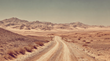 A dusty path weaves through vast golden sands and rugged mountains in the distance embracing tranquility.の素材